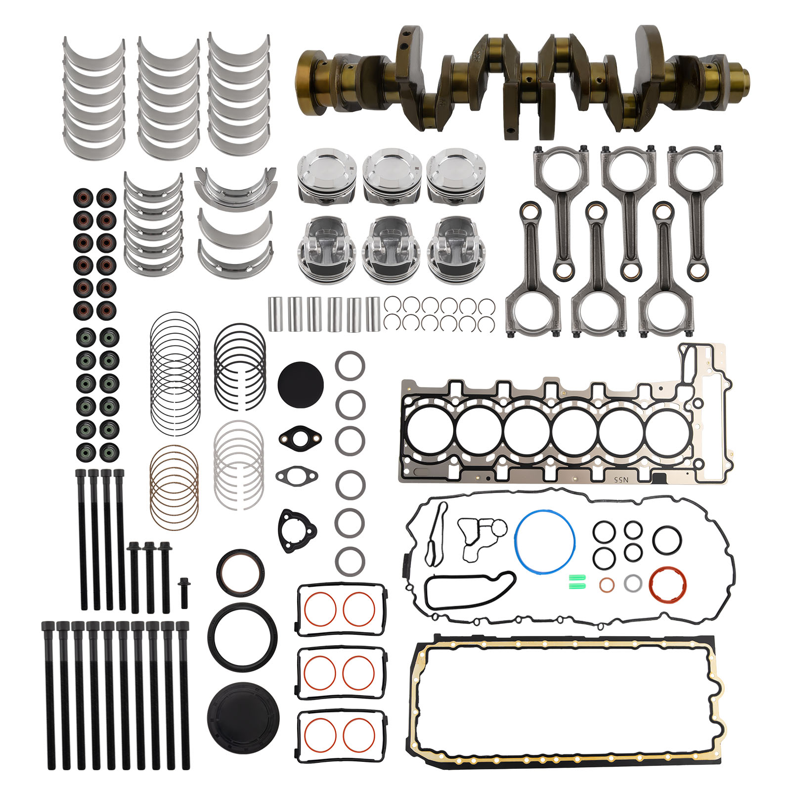 N55 3.0L Engine Rebuild Piston Gasket Bearings Kit w/ Crankshaft & Rods For BMW