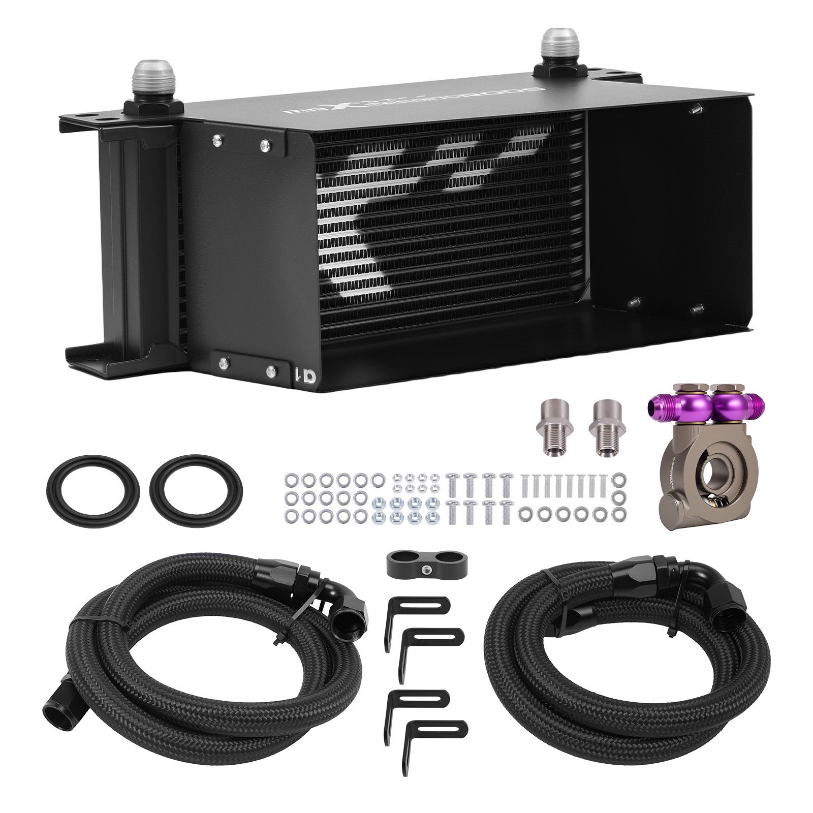 16 Row Universal Transmission Oil Cooler 10AN Aluminum w/ Full Install Kit